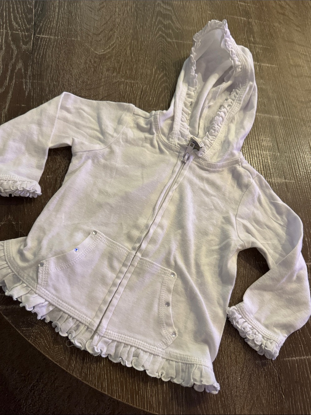 Girls White Ruffle Zip Hoodie with Pocket Studs